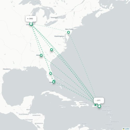 Mapa de vuelo directo Chicago - Saint Thomas Island