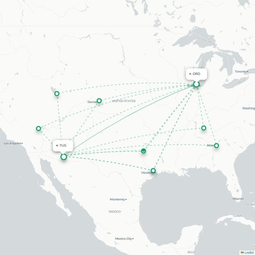Mapa lotu bezpośredniego Chicago – Tucson