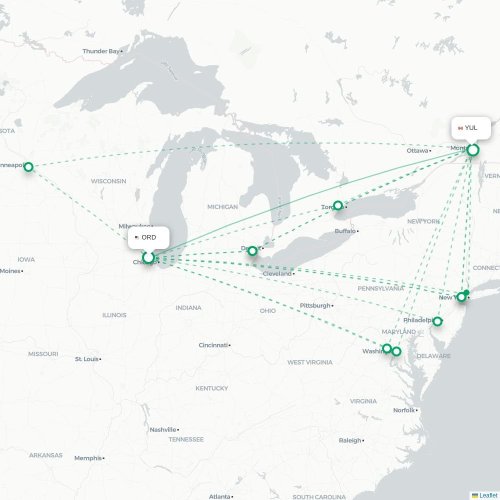 Chicago - Montréal kaart van rechtstreekse vlucht