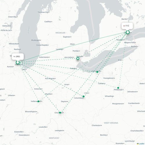 Mapa de vuelo directo Chicago - Toronto