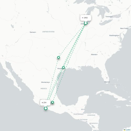 Mapa de vuelo directo Chicago - Ixtapa