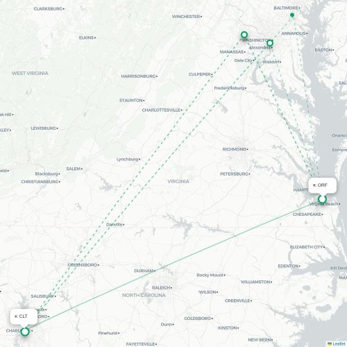Mapa lotu bezpośredniego Norfolk – Charlotte