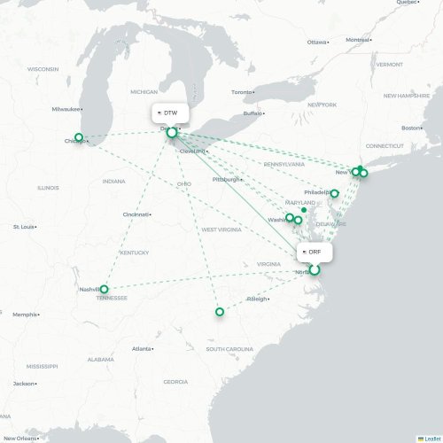 Mapa lotu bezpośredniego Norfolk – Detroit
