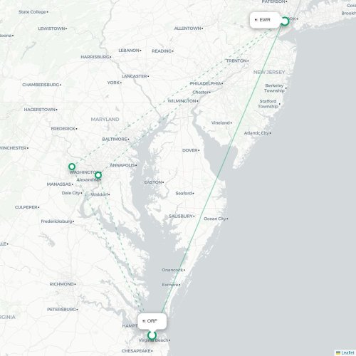 Mapa lotu bezpośredniego Norfolk – Newark
