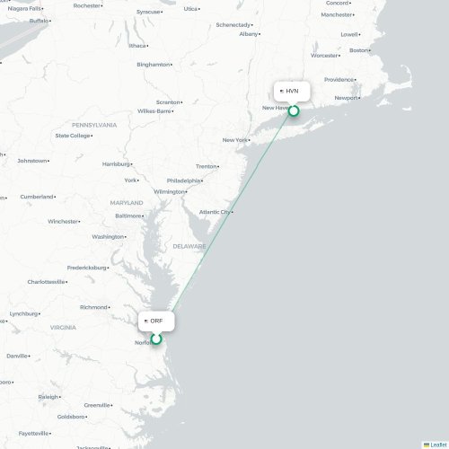 Mapa lotu bezpośredniego Norfolk – New Haven