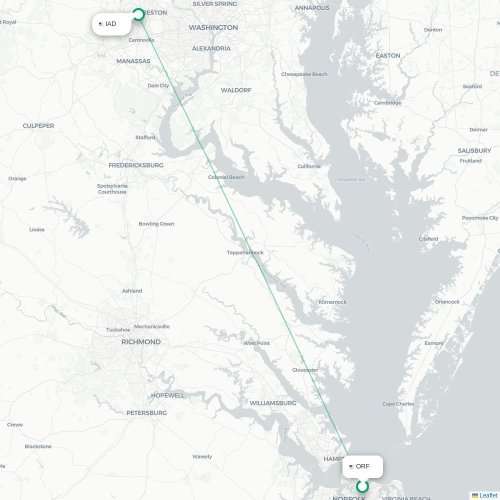 Mapa lotu bezpośredniego Norfolk – Waszyngton
