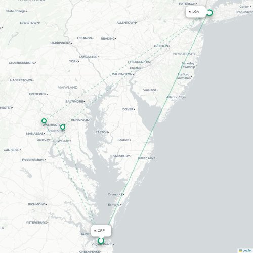 Mapa lotu bezpośredniego Norfolk – Nowy Jork
