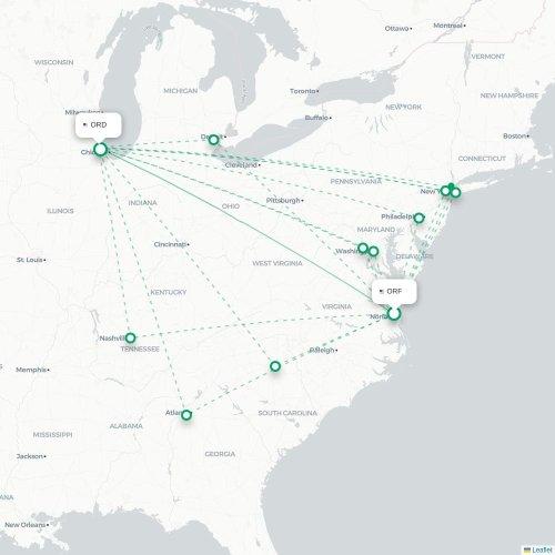 Mapa lotu bezpośredniego Norfolk – Chicago