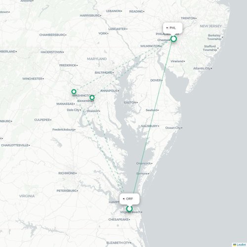 Mapa lotu bezpośredniego Norfolk – Filadelfia