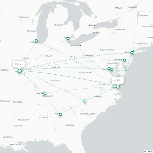 Mapa lotu bezpośredniego Norfolk – Saint Louis