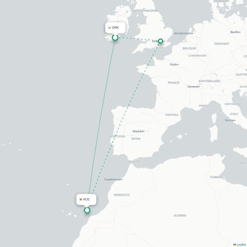 Mapa lotu bezpośredniego Cork – Arrecife