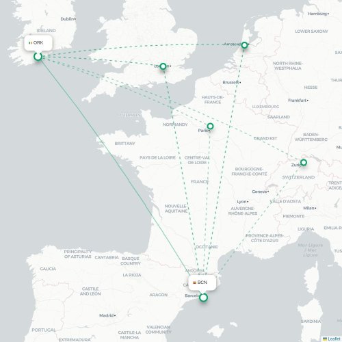 Mapa lotu bezpośredniego Cork – Barcelona