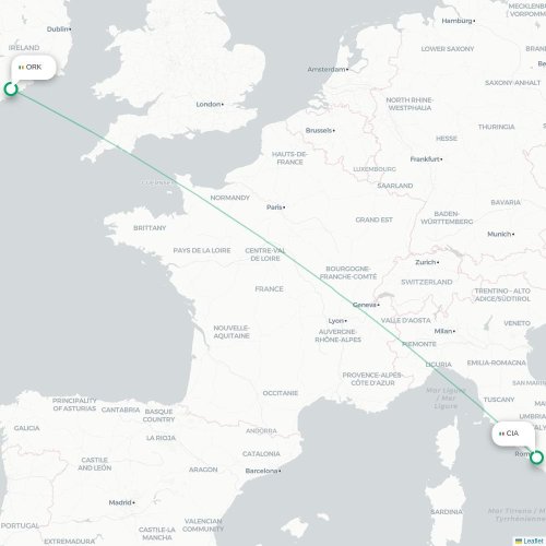 Mapa lotu bezpośredniego Cork – Rzym