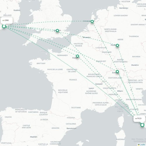 Mapa lotu bezpośredniego Cork – Rzym