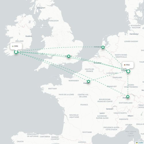 Mapa de vuelo directo Cork - Fráncfort