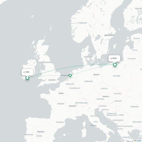 Mapa de vuelo directo Cork - Gdansk