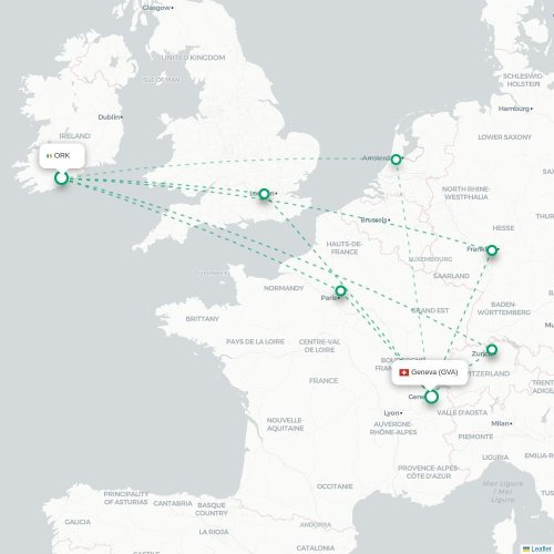 Cork - Genève carte du vol direct