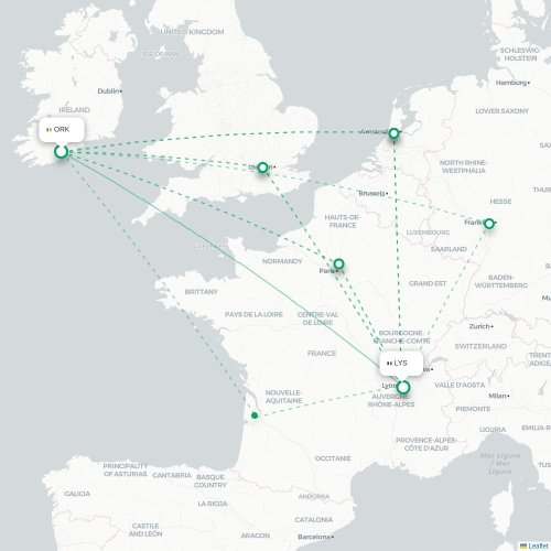 Cork - Lyon carte du vol direct