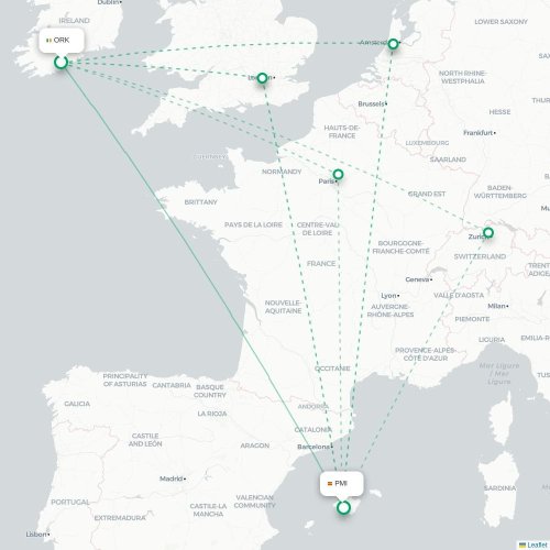 Mapa lotu bezpośredniego Cork – Palma de Mallorca