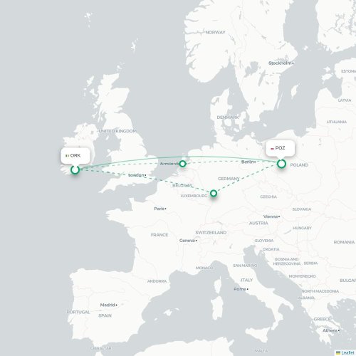 Mapa de vuelo directo Cork - Posnania