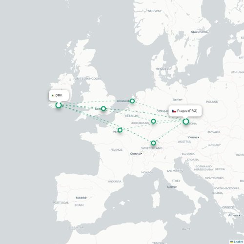 Mapa lotu bezpośredniego Cork – Praga