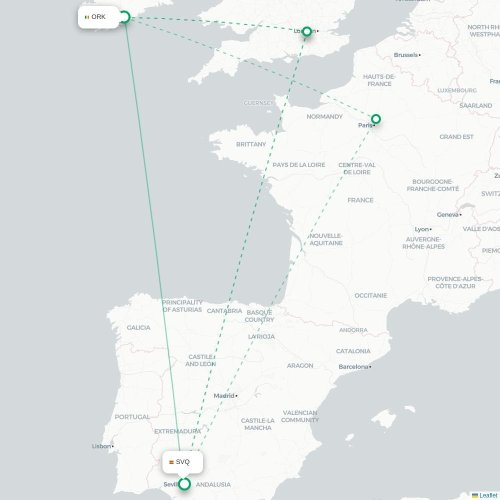 Mapa lotu bezpośredniego Cork – Sewilla