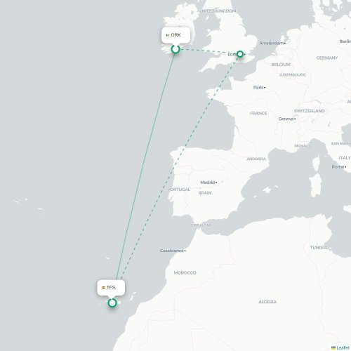 Mapa lotu bezpośredniego Cork – Granadilla