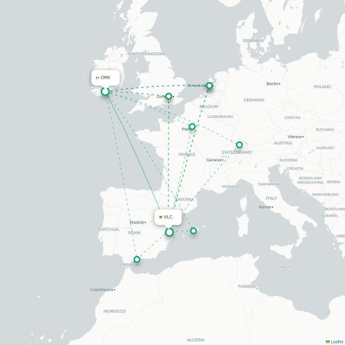 Mapa de vuelo directo Cork - Valencia