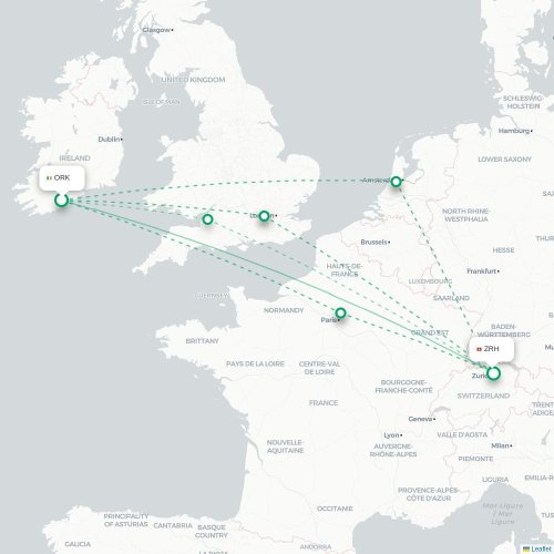 Cork - Zurich carte du vol direct