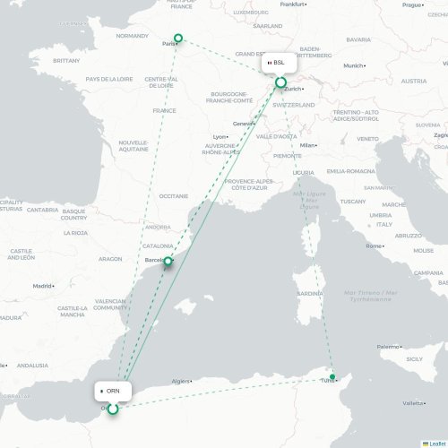 Mapa de vuelo directo Orán - Basilea, Suiza