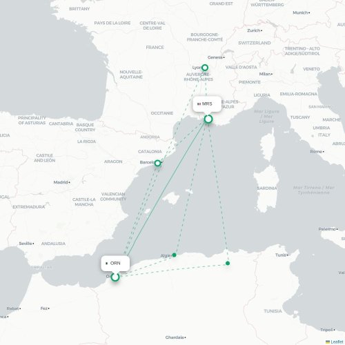 Mapa de vuelo directo Orán - Marsella