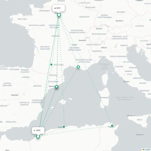 Mapa de vuelo directo Orán - París