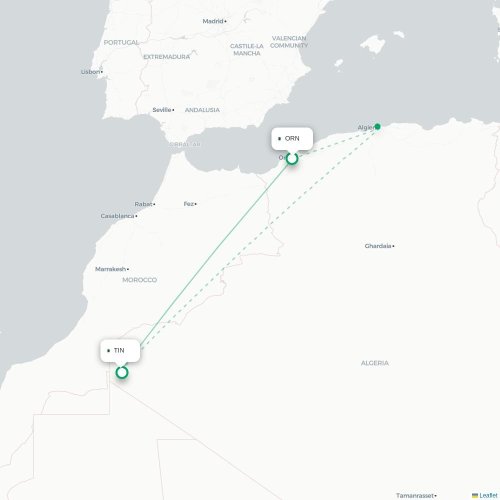 Mapa lotu bezpośredniego Oran – Tinduf