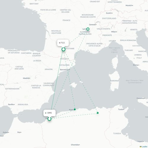Oran - Toulouse kaart van rechtstreekse vlucht