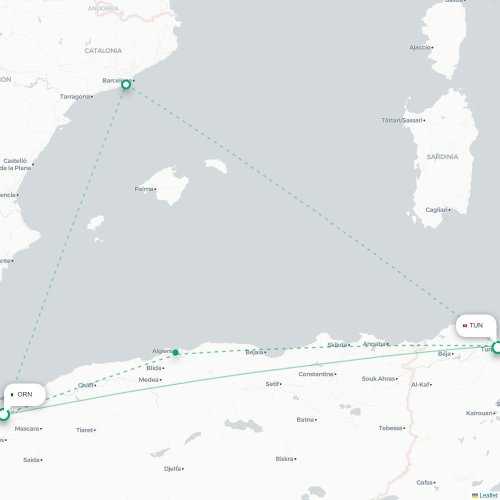 Mapa lotu bezpośredniego Oran – Tunis
