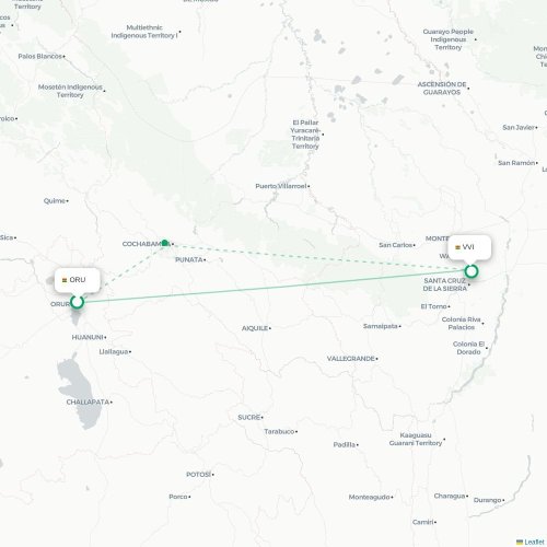 Mapa lotu bezpośredniego Oruro – Santa Cruz