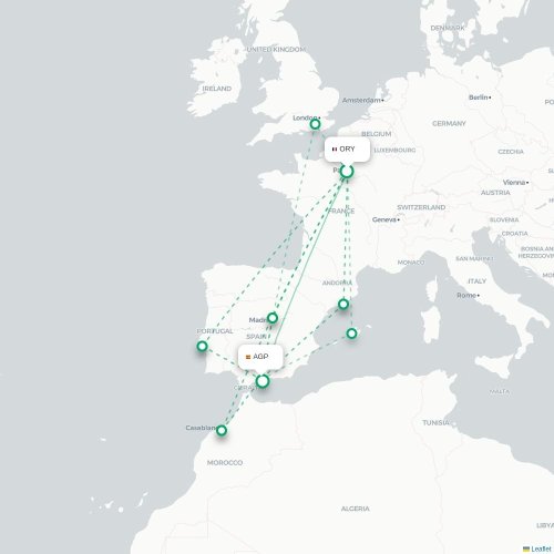 Mapa de vuelo directo París - Málaga