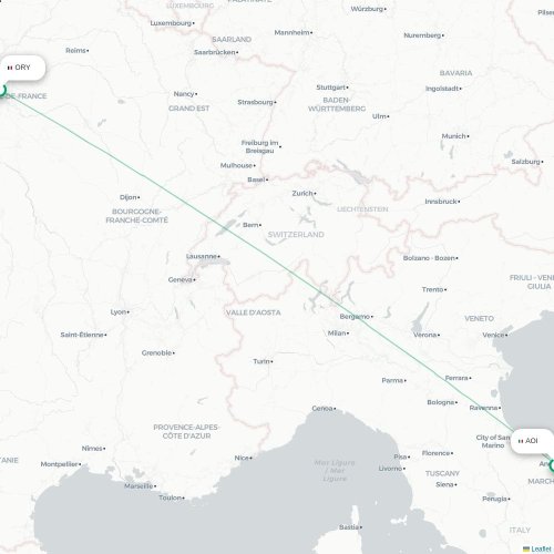 Mapa de vuelo directo París - Ancona