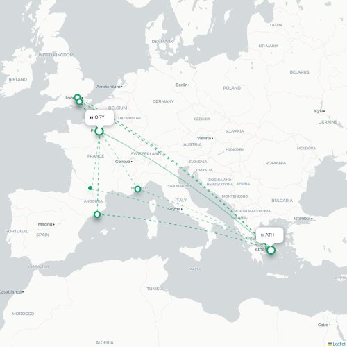 Mapa de vuelo directo París - Atenas