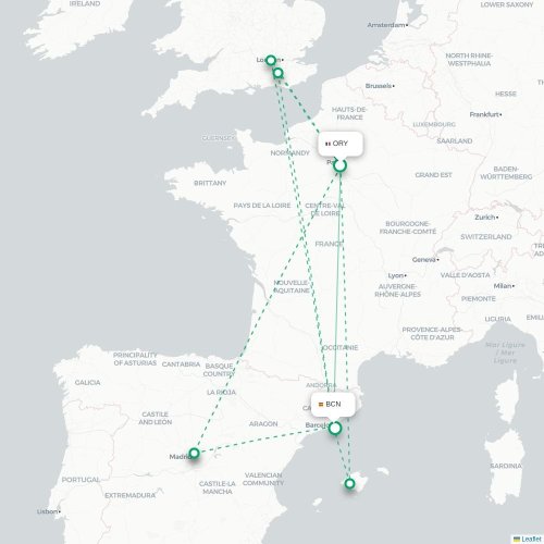 Mapa de vuelo directo París - Barcelona