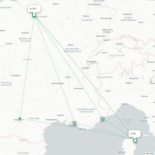 Mapa de vuelo directo París - Bastia