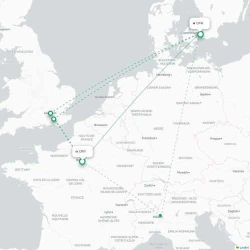 Mapa de vuelo directo París - Copenhague