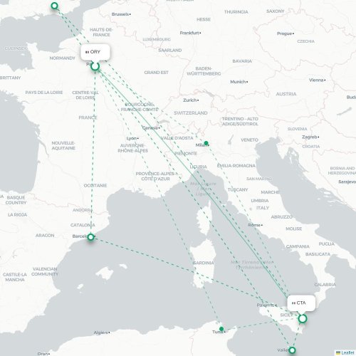 Mapa de vuelo directo París - Catania