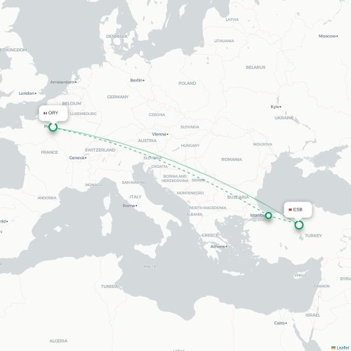 Mapa de vuelo directo París - Angora