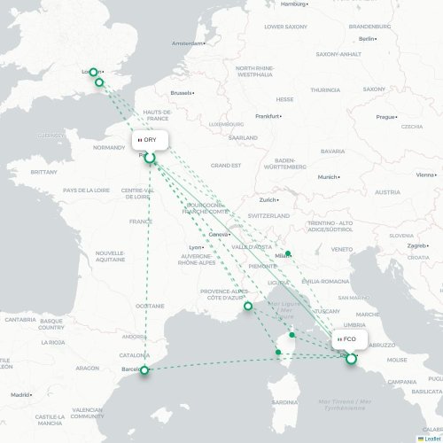 Mapa lotu bezpośredniego Paryż – Rzym