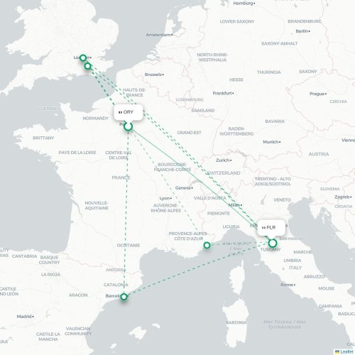 Mapa lotu bezpośredniego Paryż – Florencja