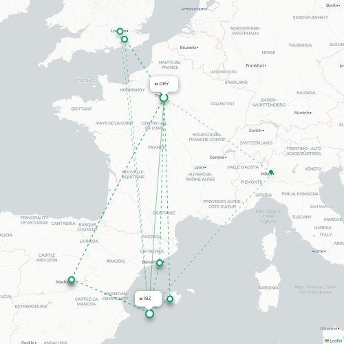Mapa de vuelo directo París - Ibiza