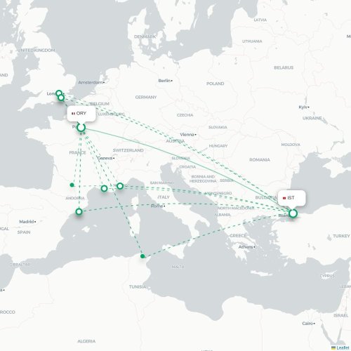 Mapa de vuelo directo París - Estambul