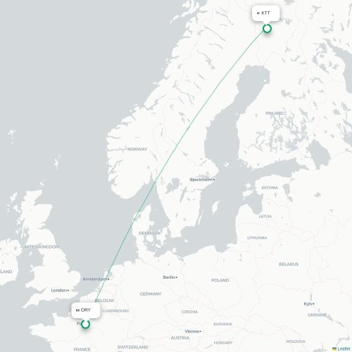 Mapa de vuelo directo París - Kittilä