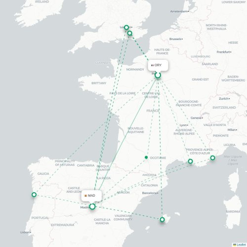 Mapa de vuelo directo París - Madrid